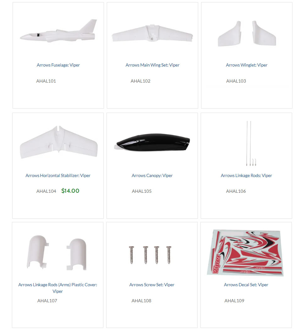 Parts List for Arrows Hobby Viper 50mm RC Airplane